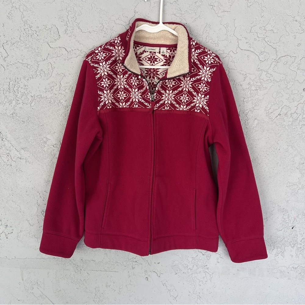L.L. Bean Red Fair Isle Fleece Zip Jacket